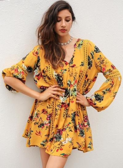 Oasap V Neck Long Sleeve Floral Printed Mini Dresses