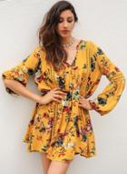 Oasap V Neck Long Sleeve Floral Printed Mini Dresses