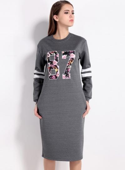 Oasap Casual Long Sleeve Number Printed Dresses