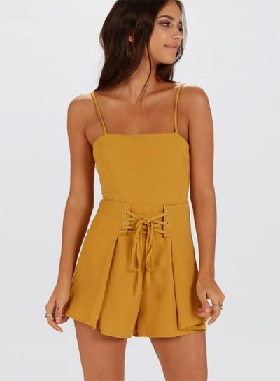 Oasap Spaghetti Strap Lace-up Back Bow Solid Romper