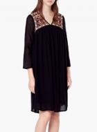 Oasap V Neck 3/4 Sleeve Embroidery Loose Fit Dress