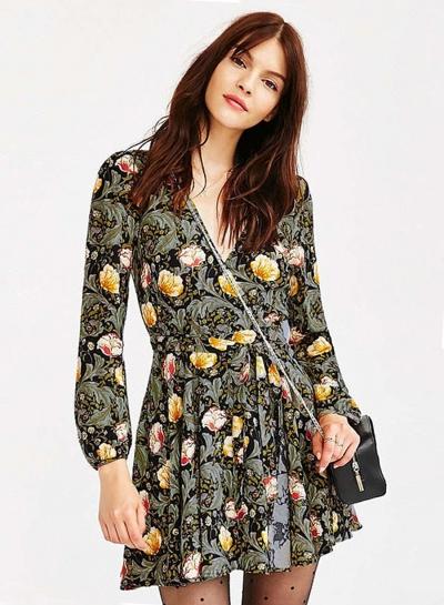 Oasap Deep V Floral Graphic Belted A-line Dress