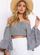 Oasap Plaid Off Shoulder Flare Sleeve Cropped Blouse