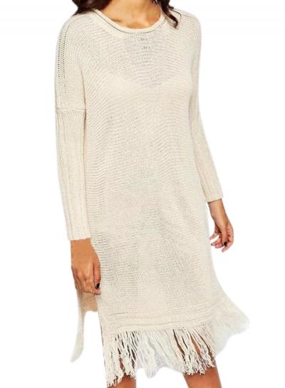 Oasap Women's Casual Solid Long Sleeve Side Split Fringed Sweater