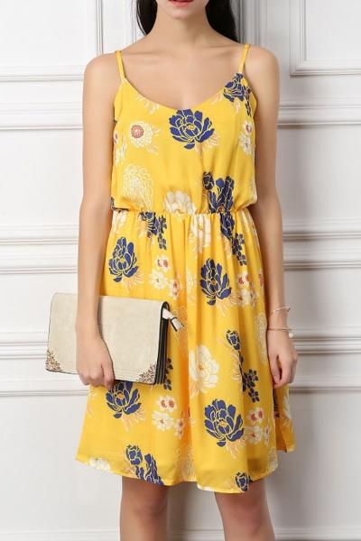 Oasap Sweet Floral Spaghetti Straps Yellow Cami Dress