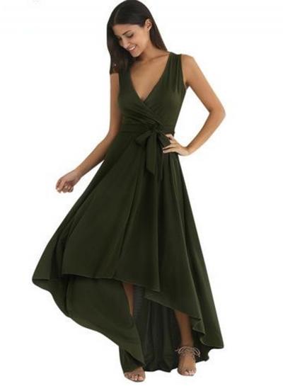 Oasap Solid V Neck Sleeveless Irregular Maxi Evening Dress