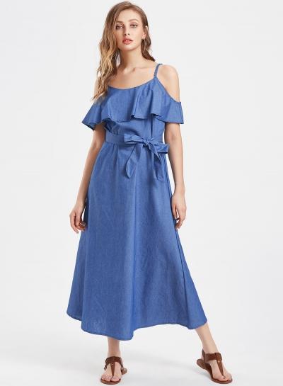 Oasap Ruffle Off Shoulder Spaghetti Strap Dress With Belt