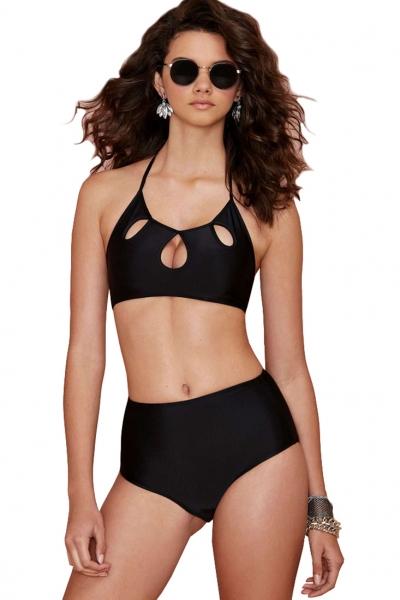 Oasap Stretch Black Keyholes High Waist Bikini
