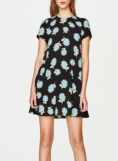 Oasap Round Neck Floral Print Slim Dress