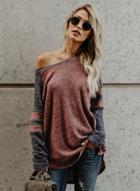 Oasap Off Shoulder Color Block Loose Fit Knit Irregular Tee Shirt