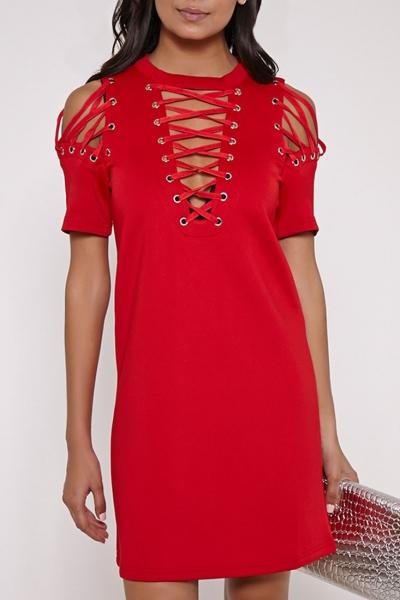 Oasap Lace-up Front Shoulder Round Neck Shift Dress