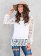 Oasap Round Neck Long Sleeve Lace Splicing Solid Color Tee Shirt