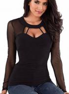 Oasap See Through Backless Solid Color Long Sleeve Tee Shirt