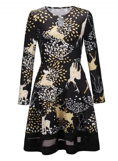 Oasap Round Neck Christmas Print Long Sleeve Mesh Panel Dress