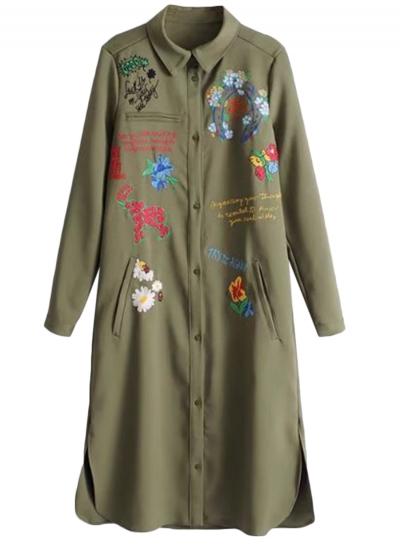 Oasap Turn Down Collar Long Sleeve Embroidery Slit Coat