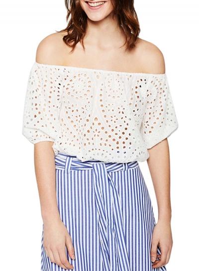 Oasap Women's Casual Slash Neck Hollow Out Crochet Floral Top