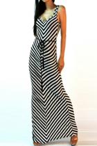 Oasap Black White Striped Print Maxi Dress
