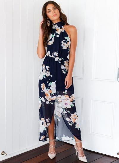 Oasap Halter Off Shoulder Backless Sleeveless Floral Irregular Dress