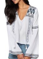 Oasap Women Casual V Neck Long Flare Sleeve Embroidery Blouse