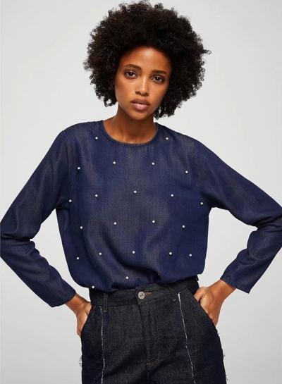 Oasap Fashion Pearls Pullover Denim Blouse