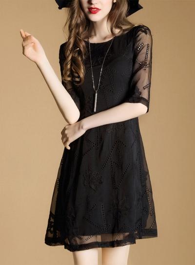 Oasap Half Sleeve Floral Embroidery Dress