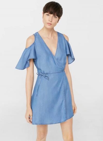Oasap V Neck Off Shoulder Short Sleeve Denim Dress With Belt