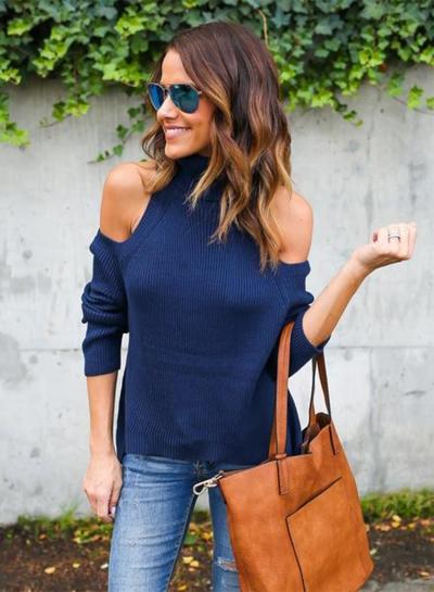 Oasap High Neck Off Shoulder Long Sleeve Solid Sweater