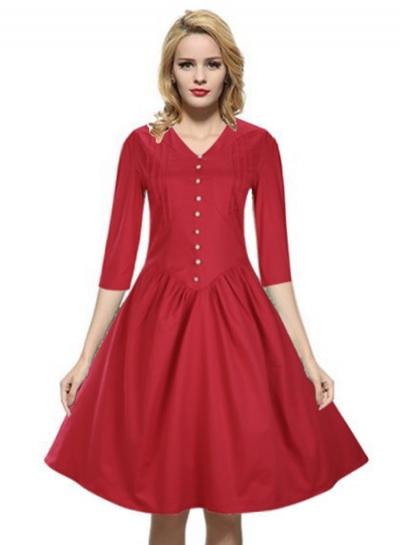 Oasap Vintage V Neck 3/4 Sleeve Solid A-line Swing Dress