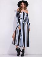 Oasap Striped Off Shoulder Slit Dress With Belt