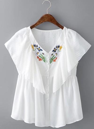 Oasap V Neck Flounce Hem Floral Embroidery Blouses