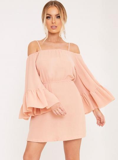 Oasap Off Shoulder Flare Sleeve Solid Dress