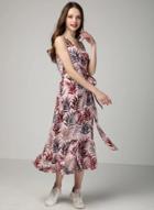 Oasap Sleeveless Backless Leaf Printed Maxi Dress With Belt