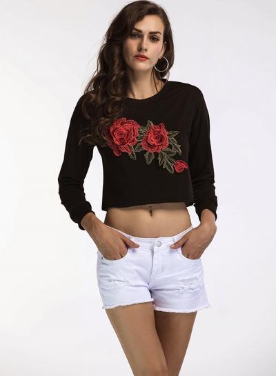 Oasap Long Sleeve Floral Embroidery Crop Tops