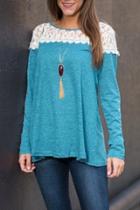 Oasap Cyan Lace Paneled Round Neck Long Sleeve Tee