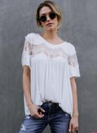 Oasap Round Neck Cut Out Lace Tee Shirt