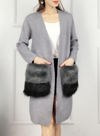 Oasap Long Sleeve Faux Fur Pocket Knit Cardigan