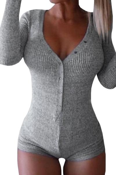 Oasap Chic Grey V-neck Long Sleeves Button Front Bodysuit