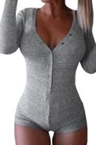 Oasap Chic Grey V-neck Long Sleeves Button Front Bodysuit