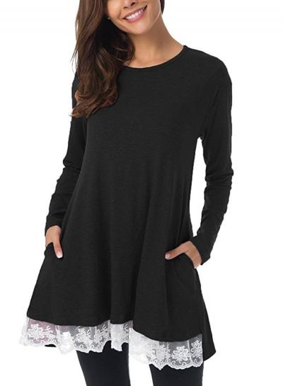Oasap Fashion Long Sleeve Lace Trim A-line Dress