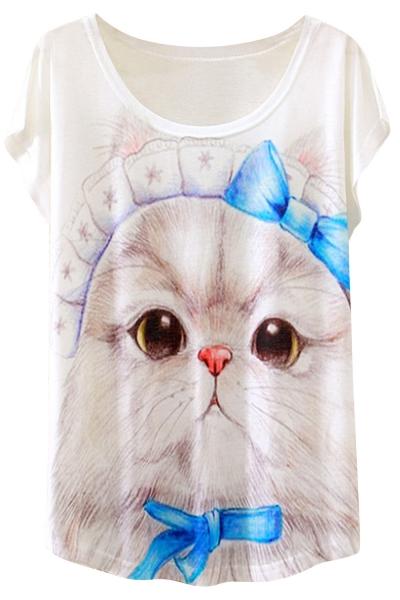 Oasap Cute Cat Pattern Cap Sleeve Loose Fit Tee