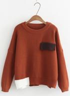 Oasap Round Neck Long Sleeve Color Splicing Slit Sweater