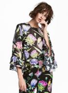 Oasap Floral Print Flare Sleeve Keyhole Back Blouse