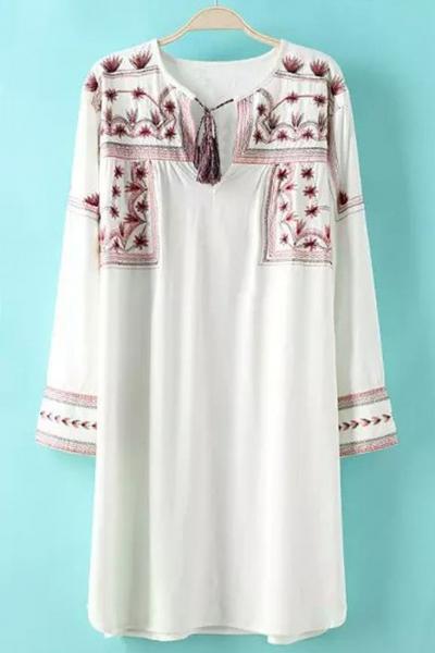 Oasap Chic Floral Embroidery Lace-up Keyhole Dress