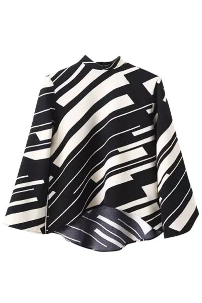 Oasap Women's Fashion Color Block Stand Collar High Low Blouse