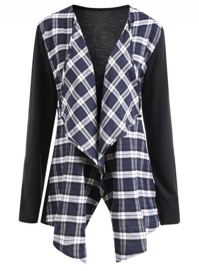 Oasap Long Sleeve Wide Lapel Open Front Plaid Cardigan