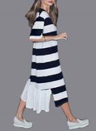 Oasap Fashion Short Sleeve Striped Irregular Maxi Dress