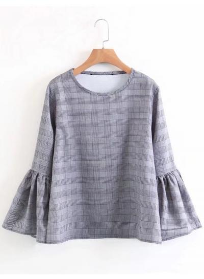 Oasap Round Neck Flare Sleeve Plaid Blouses