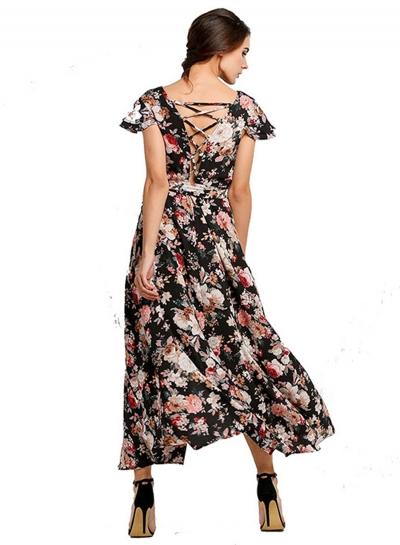 Oasap Boho Floral Printed V Neck Short Sleeve High Slit Maxi Dress