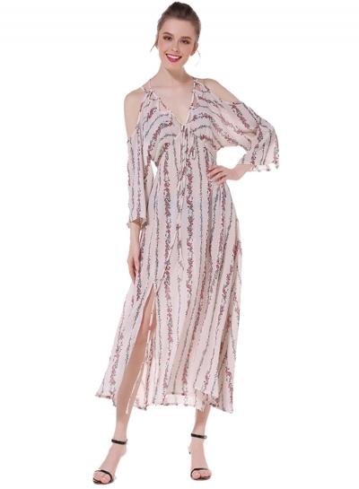 Oasap V Neck Off Shoulder Floral Print Chiffon Dress