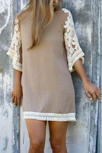 Oasap Fashion Lace Paneled Three Quarter Sleeve Mini Dress